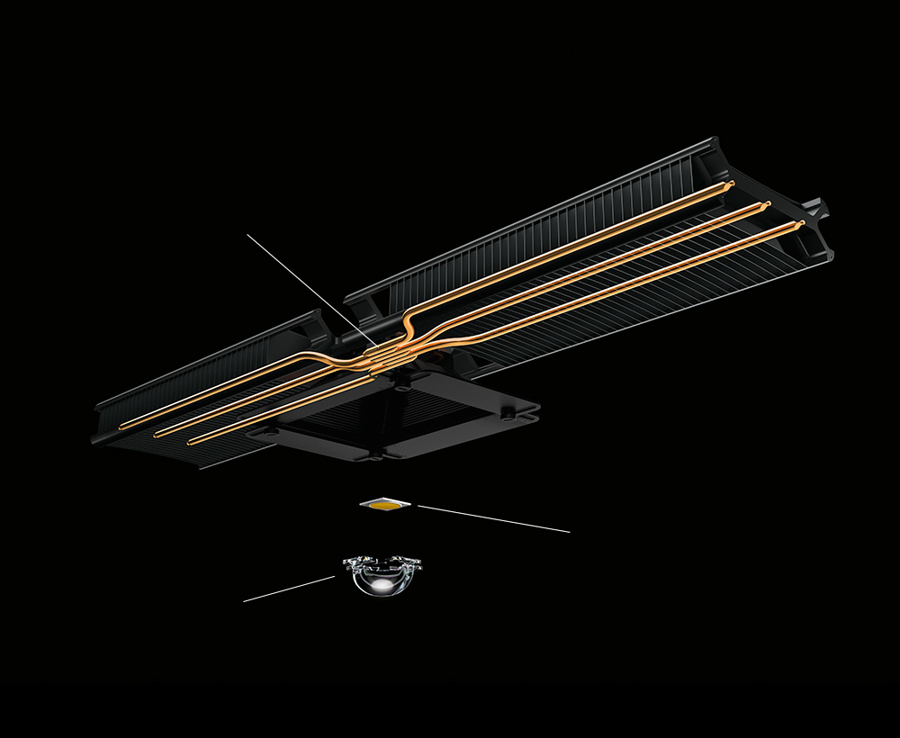 Exploded image of Cu-Beam showing LED, lens and heat pipes